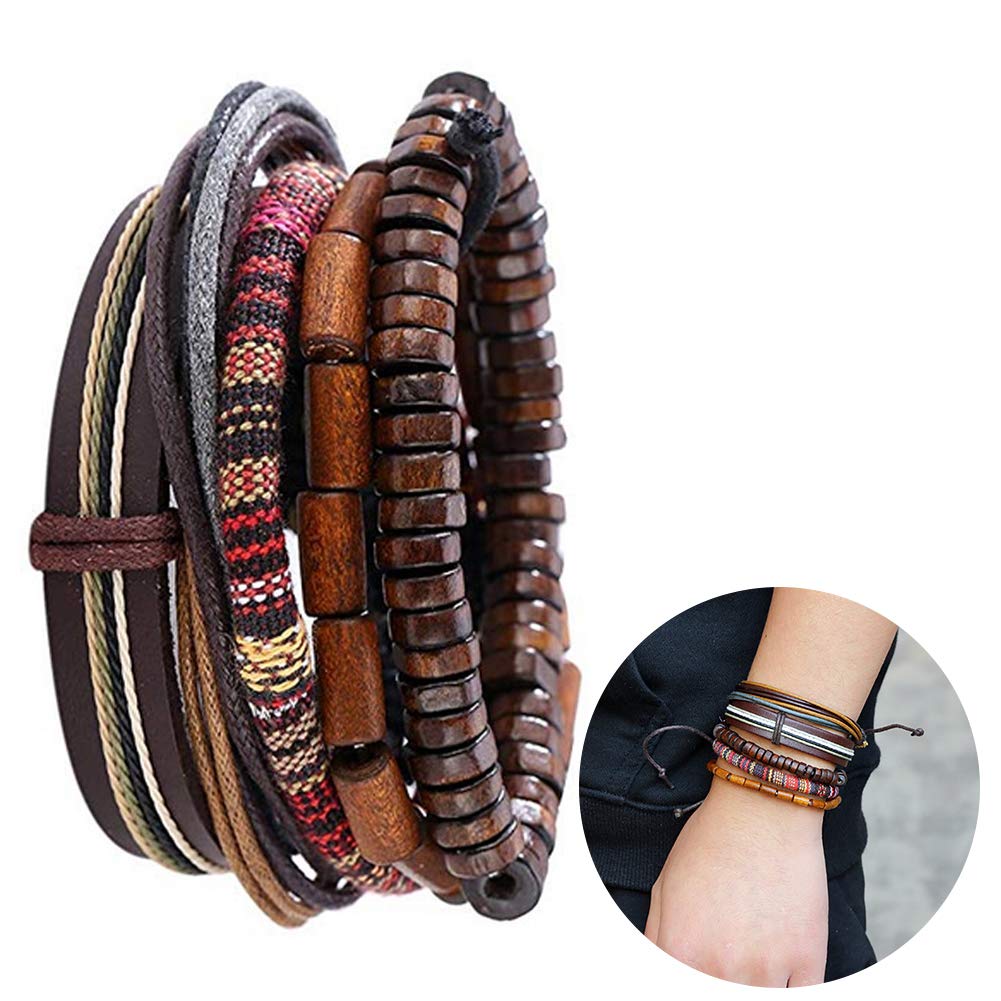 Hilai Unisex Mixed Bracelets Adjustable Handmade Multi Strand Braided Cowhide Bracelets Woven Leather Wristbands Wooden Beads Bracelet Wrist(1set of 5 pcs)