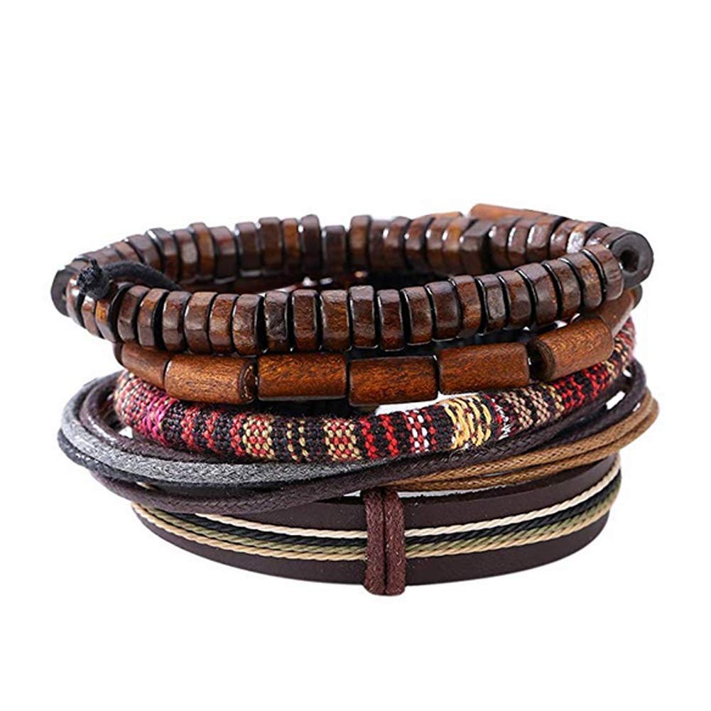 Hilai Unisex Mixed Bracelets Adjustable Handmade Multi Strand Braided Cowhide Bracelets Woven Leather Wristbands Wooden Beads Bracelet Wrist(1set of 5 pcs)