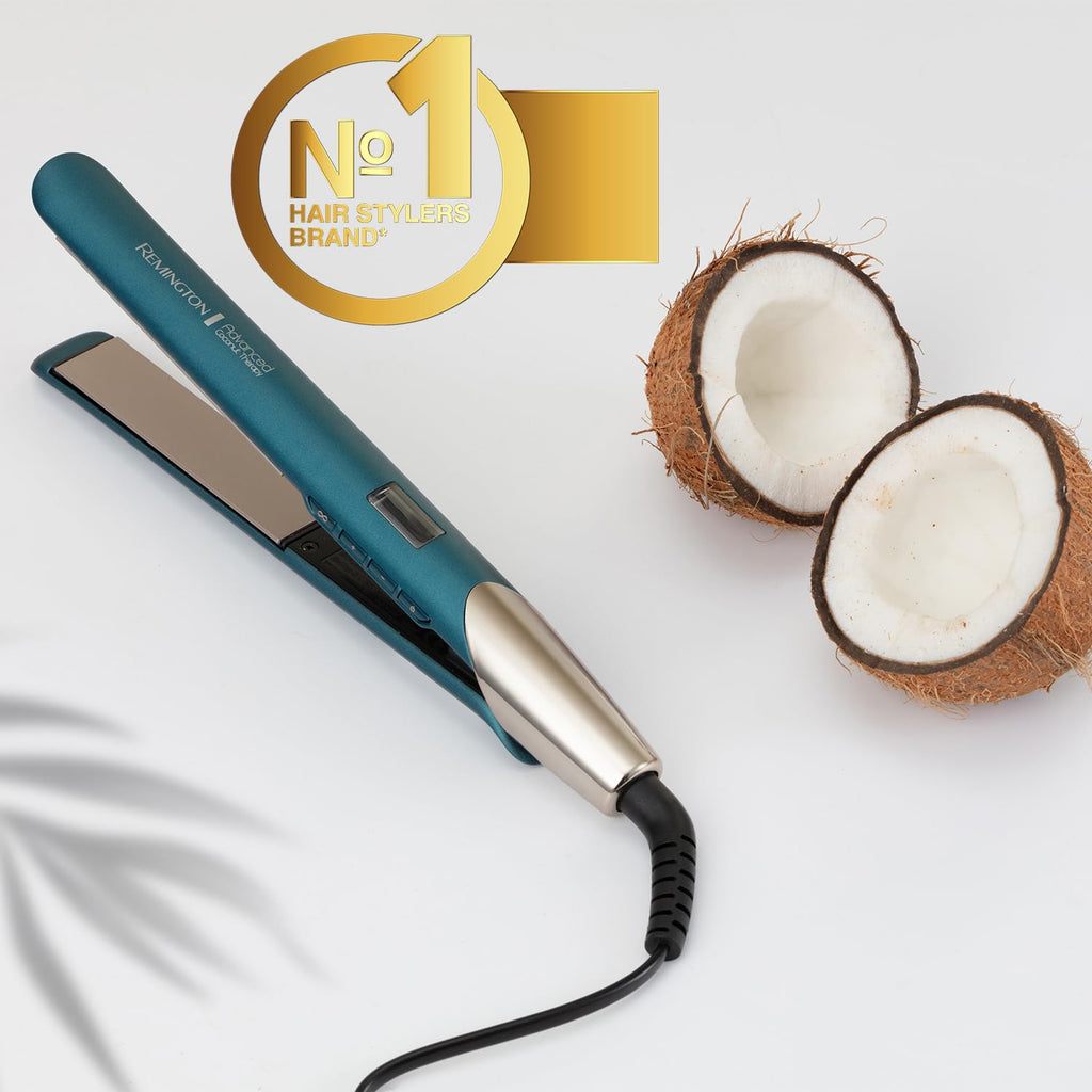 Remington Advanced Coconut Therapy Hair Straightener - Micro-Conditioners infused with Coconut & UV Filters release to nourish hair - Intelligent Heat Sensor to prevent overheating, 150°-230°C, S8648