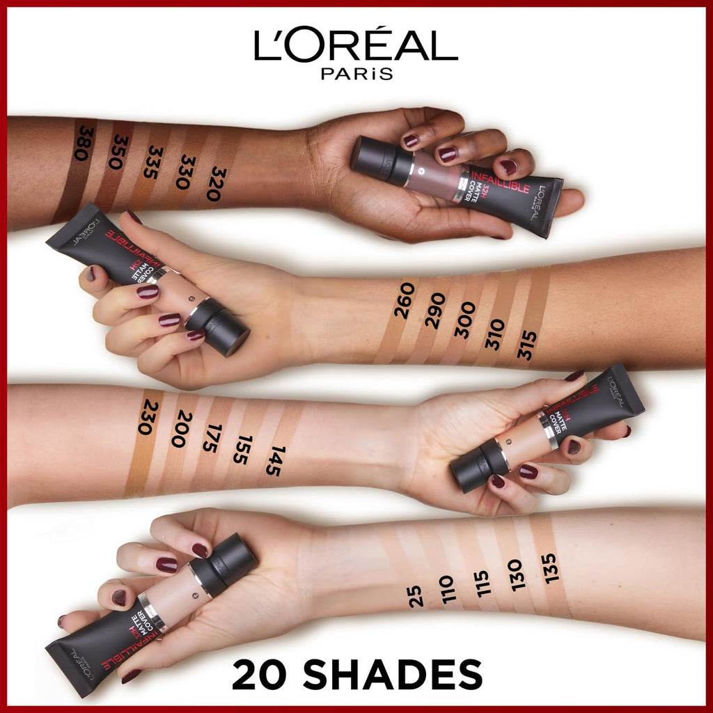 L'Oreal Paris Cover Liquid Foundation, With 4% Niacinamide, Long Lasting, Natural Finish, Available in 20 Shades, SPF 25, Infallible 32H Matte Cover, Shade 135, 30ml