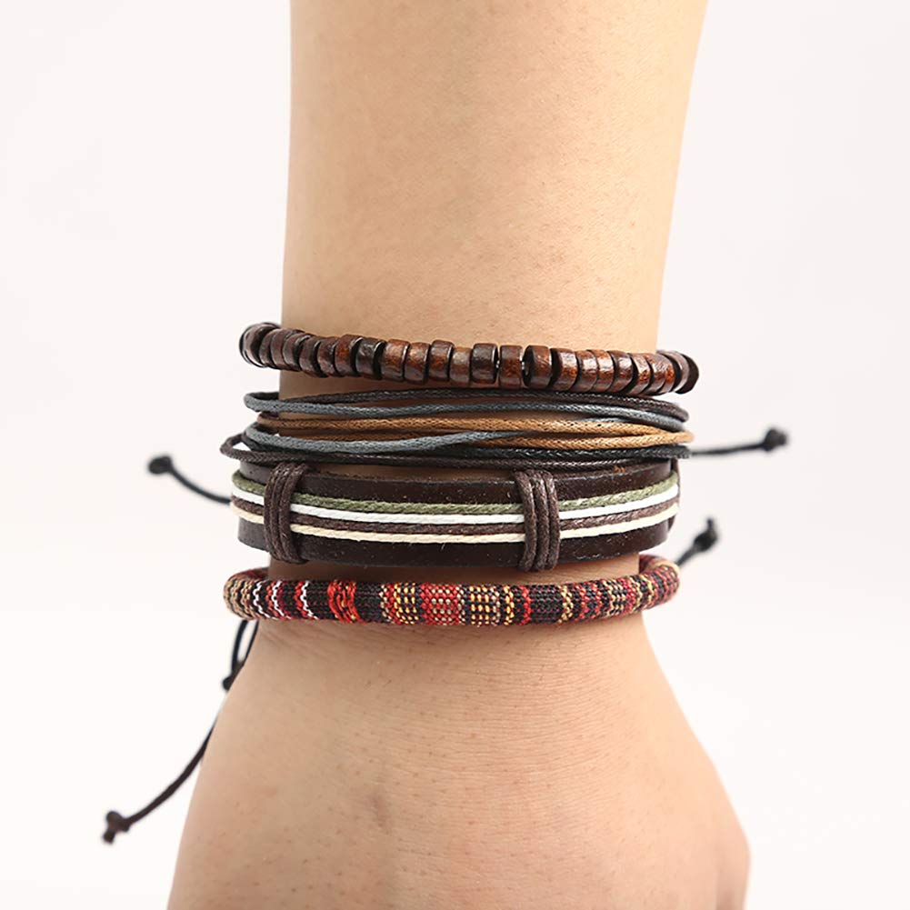 Hilai Unisex Mixed Bracelets Adjustable Handmade Multi Strand Braided Cowhide Bracelets Woven Leather Wristbands Wooden Beads Bracelet Wrist(1set of 5 pcs)