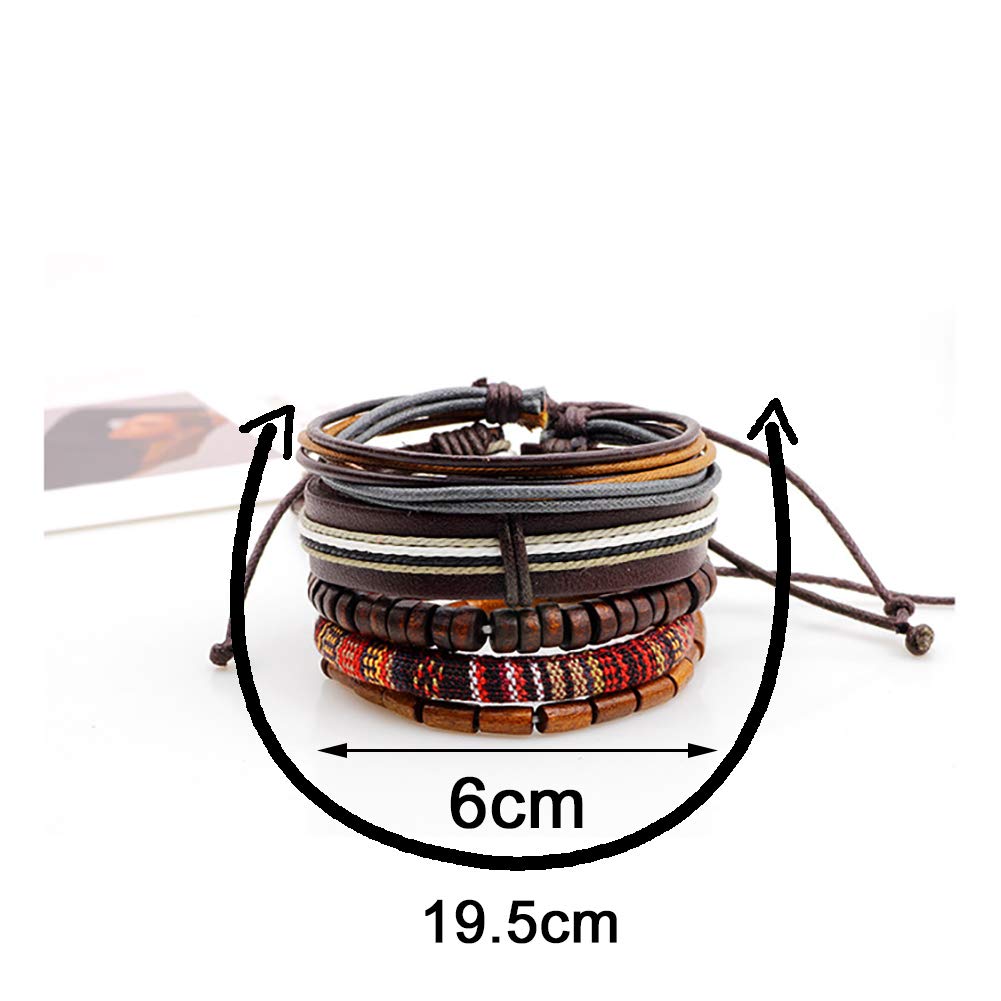 Hilai Unisex Mixed Bracelets Adjustable Handmade Multi Strand Braided Cowhide Bracelets Woven Leather Wristbands Wooden Beads Bracelet Wrist(1set of 5 pcs)