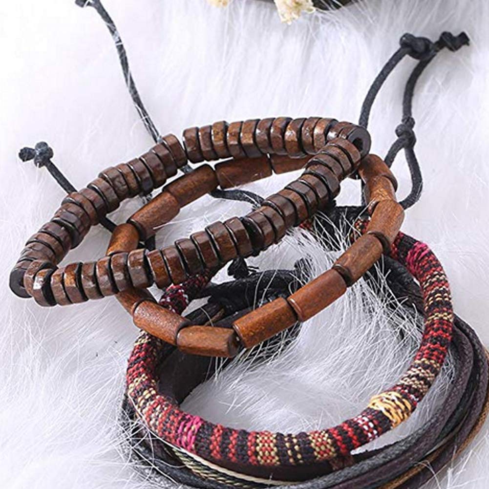 Hilai Unisex Mixed Bracelets Adjustable Handmade Multi Strand Braided Cowhide Bracelets Woven Leather Wristbands Wooden Beads Bracelet Wrist(1set of 5 pcs)