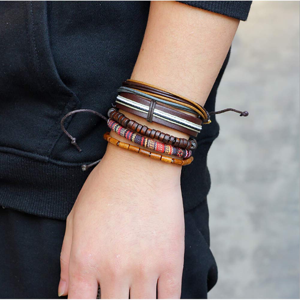 Hilai Unisex Mixed Bracelets Adjustable Handmade Multi Strand Braided Cowhide Bracelets Woven Leather Wristbands Wooden Beads Bracelet Wrist(1set of 5 pcs)