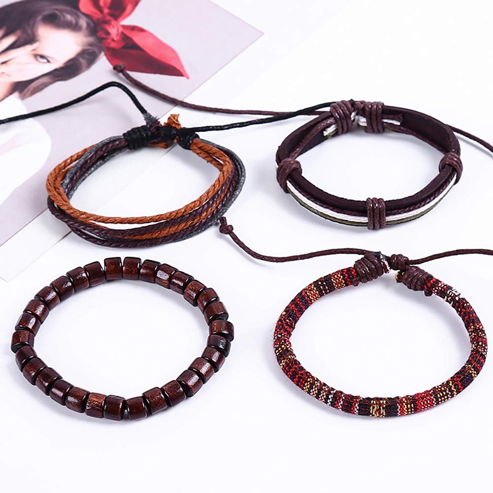Hilai Unisex Mixed Bracelets Adjustable Handmade Multi Strand Braided Cowhide Bracelets Woven Leather Wristbands Wooden Beads Bracelet Wrist(1set of 5 pcs)